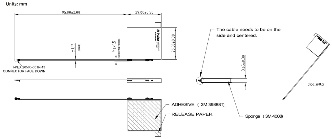 機械図面 - Pulse Electronics 金属面実装型Wi-Fi® アンテナ